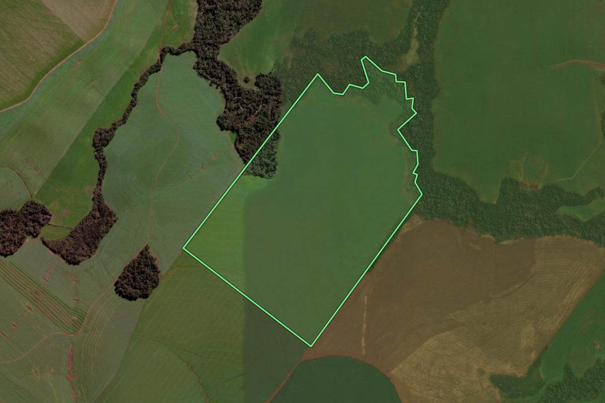 Imagem de satélite do imóvel rural em Cruz Alta (RS), com o contorno declarado no CAR desenhado por cima.