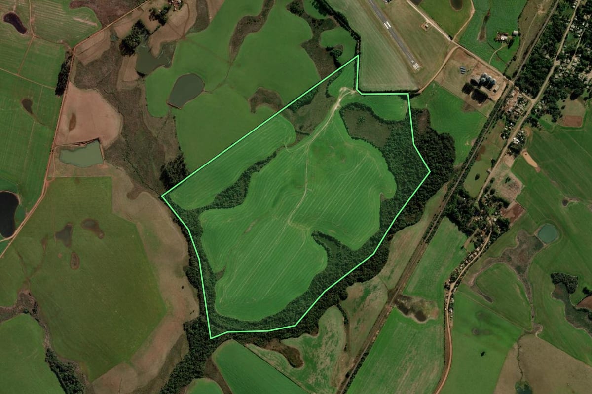 Imagem de satélite do imóvel rural em Cruz Alta (RS), com o contorno declarado no CAR desenhado por cima.