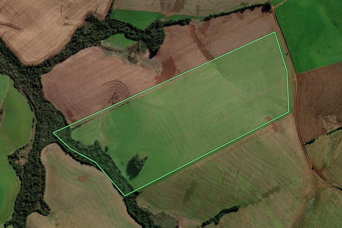Imagem de satélite do imóvel rural em Cruz Alta (RS), com o contorno declarado no CAR desenhado por cima.
