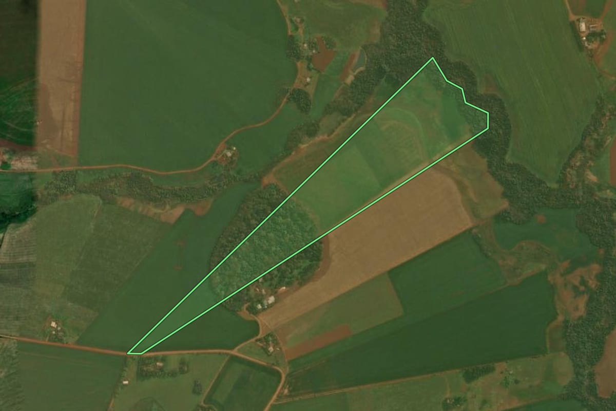 Imagem de satélite do imóvel rural em Cruz Alta (RS), com o contorno declarado no CAR desenhado por cima.
