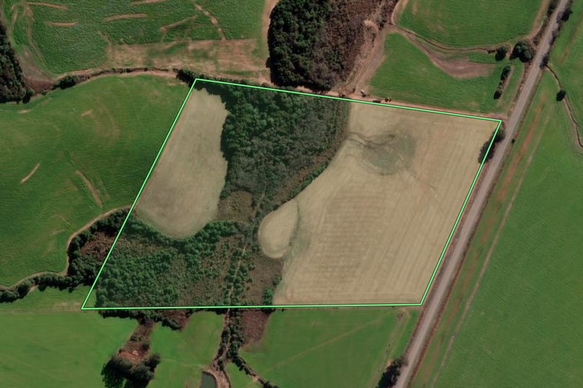 Imagem de satélite do imóvel rural em Cruz Alta (RS), com o contorno declarado no CAR desenhado por cima.
