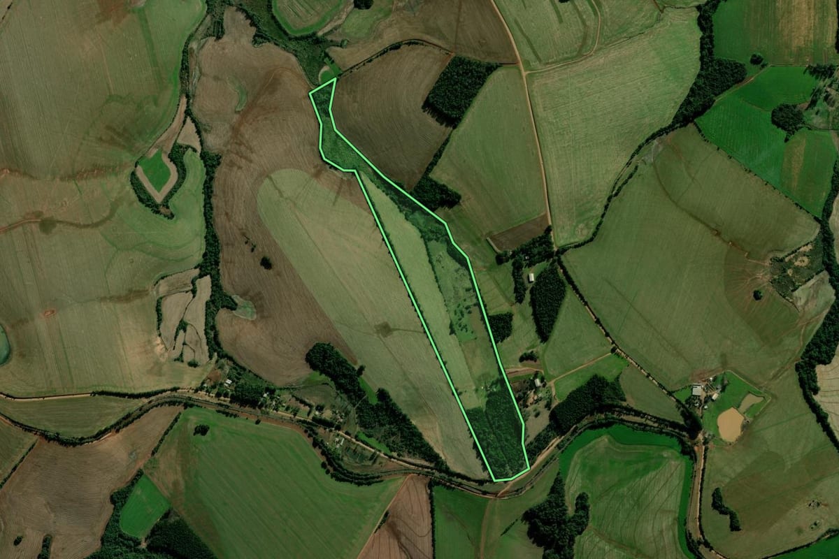Imagem de satélite do imóvel rural em Cruz Alta (RS), com o contorno declarado no CAR desenhado por cima.