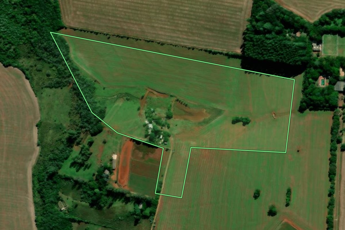 Imagem de satélite do imóvel rural em Cruz Alta (RS), com o contorno declarado no CAR desenhado por cima.