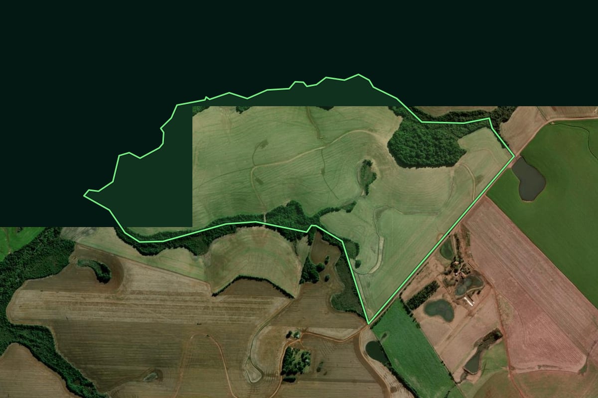 Imagem de satélite do imóvel rural em Cruz Alta (RS), com o contorno declarado no CAR desenhado por cima.