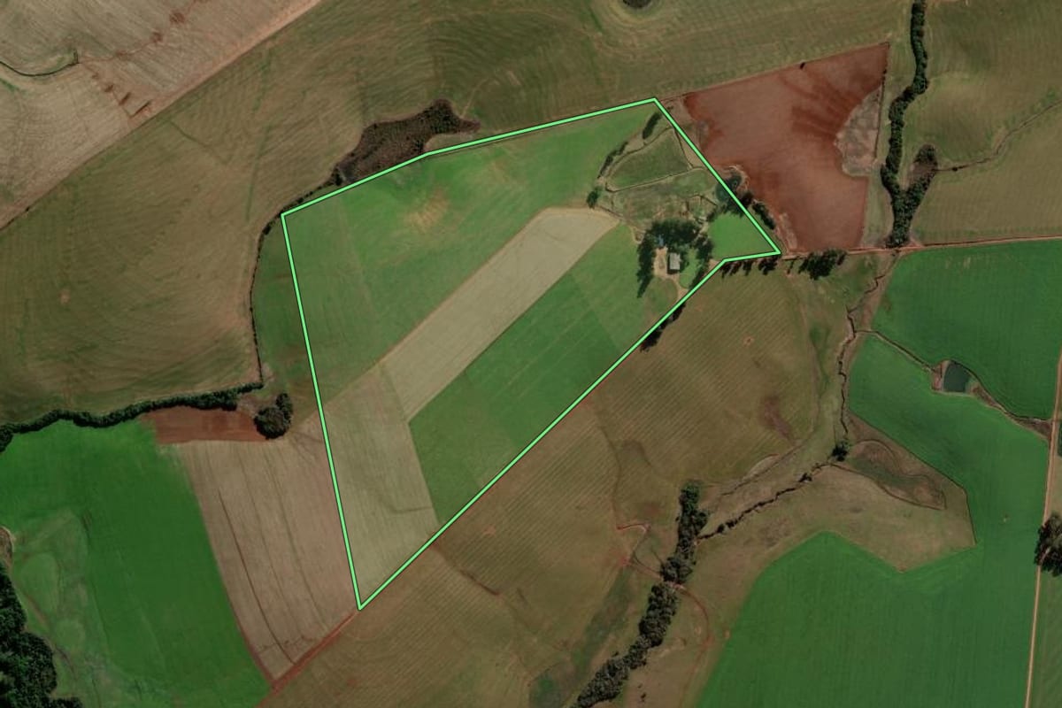 Imagem de satélite do imóvel rural em Cruz Alta (RS), com o contorno declarado no CAR desenhado por cima.