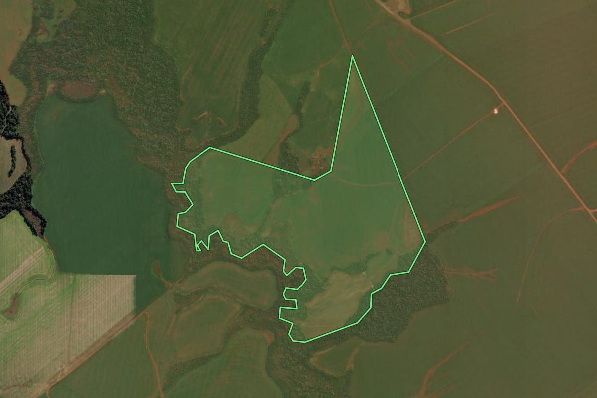 Imagem de satélite do imóvel rural em Cruz Alta (RS), com o contorno declarado no CAR desenhado por cima.