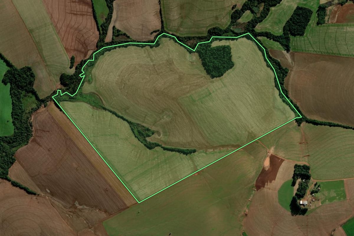 Imagem de satélite do imóvel rural em Cruz Alta (RS), com o contorno declarado no CAR desenhado por cima.