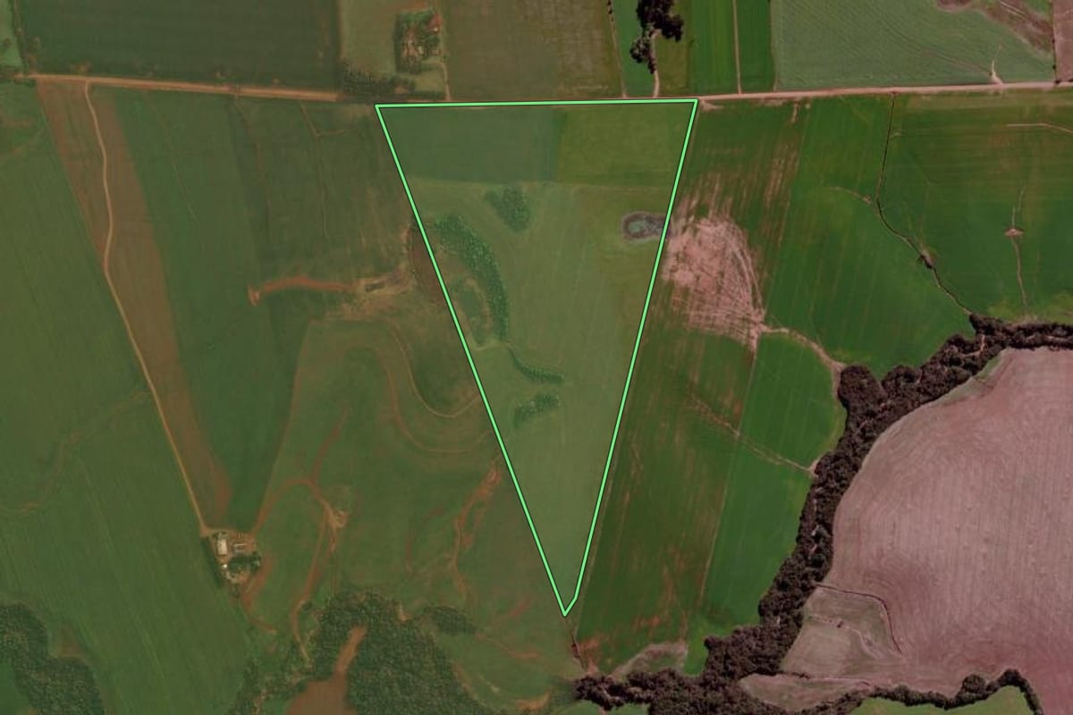 Imagem de satélite do imóvel rural em Cruz Alta (RS), com o contorno declarado no CAR desenhado por cima.