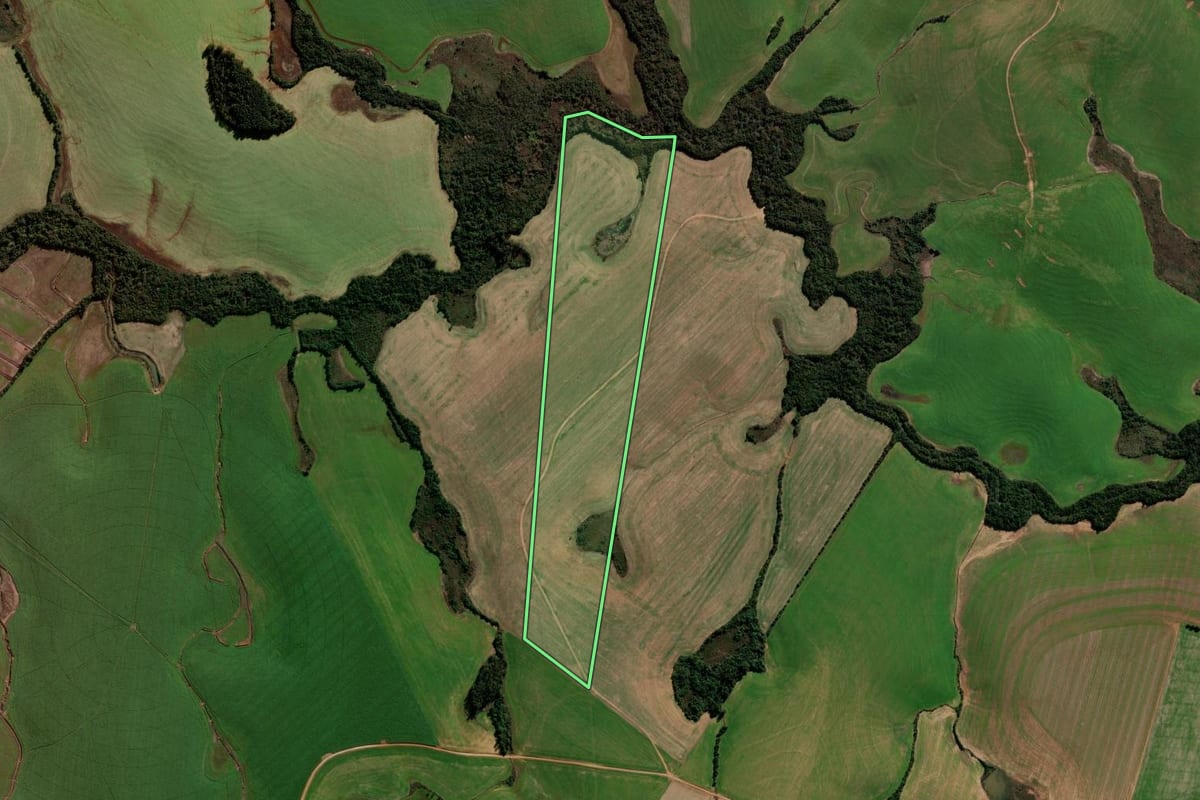 Imagem de satélite do imóvel rural em Cruz Alta (RS), com o contorno declarado no CAR desenhado por cima.