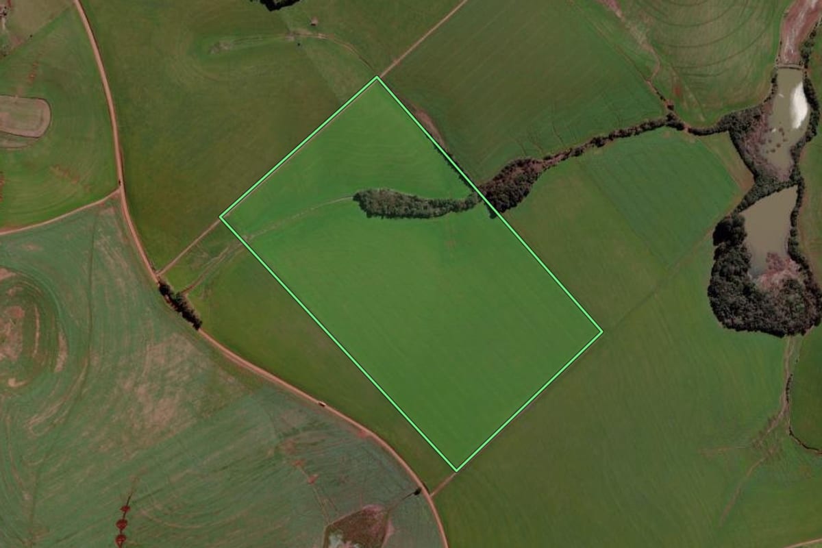 Imagem de satélite do imóvel rural em Cruz Alta (RS), com o contorno declarado no CAR desenhado por cima.