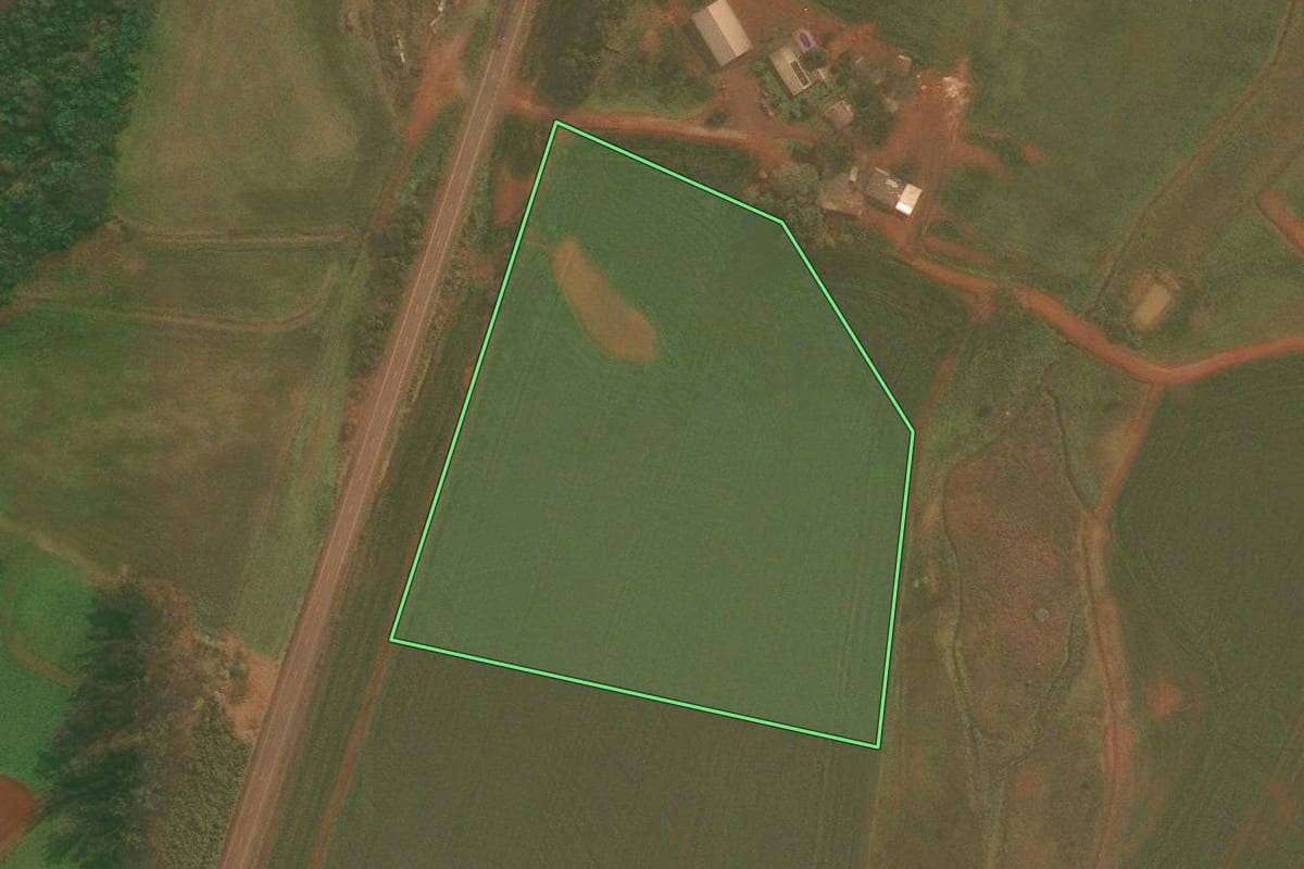 Imagem de satélite do imóvel rural em Cruz Alta (RS), com o contorno declarado no CAR desenhado por cima.