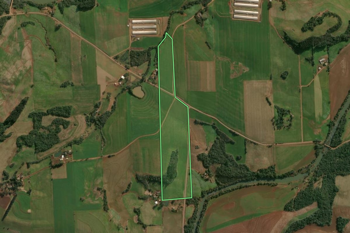 Imagem de satélite do imóvel rural em Cruzaltense (RS), com o contorno declarado no CAR desenhado por cima.