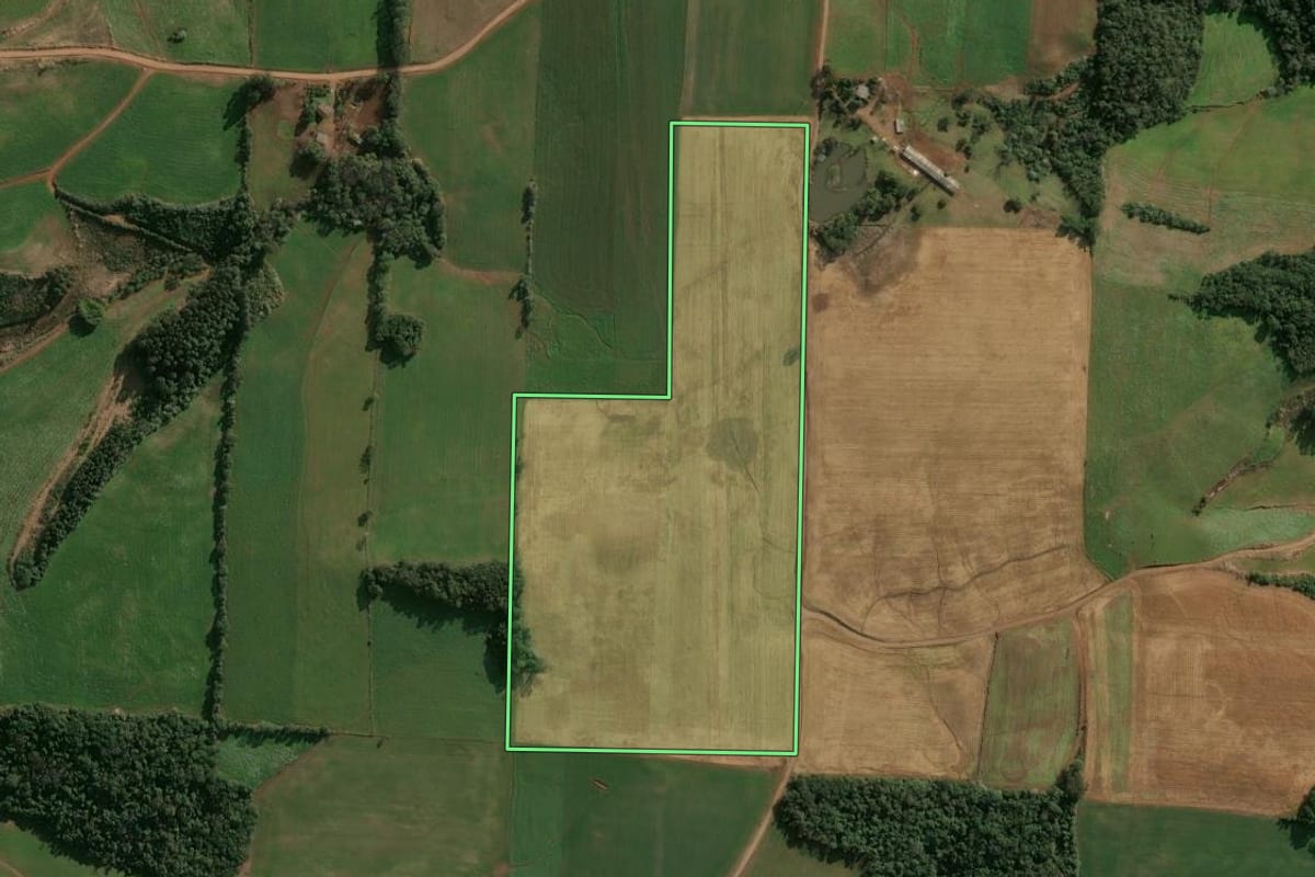 Imagem de satélite do imóvel rural em Cruzaltense (RS), com o contorno declarado no CAR desenhado por cima.