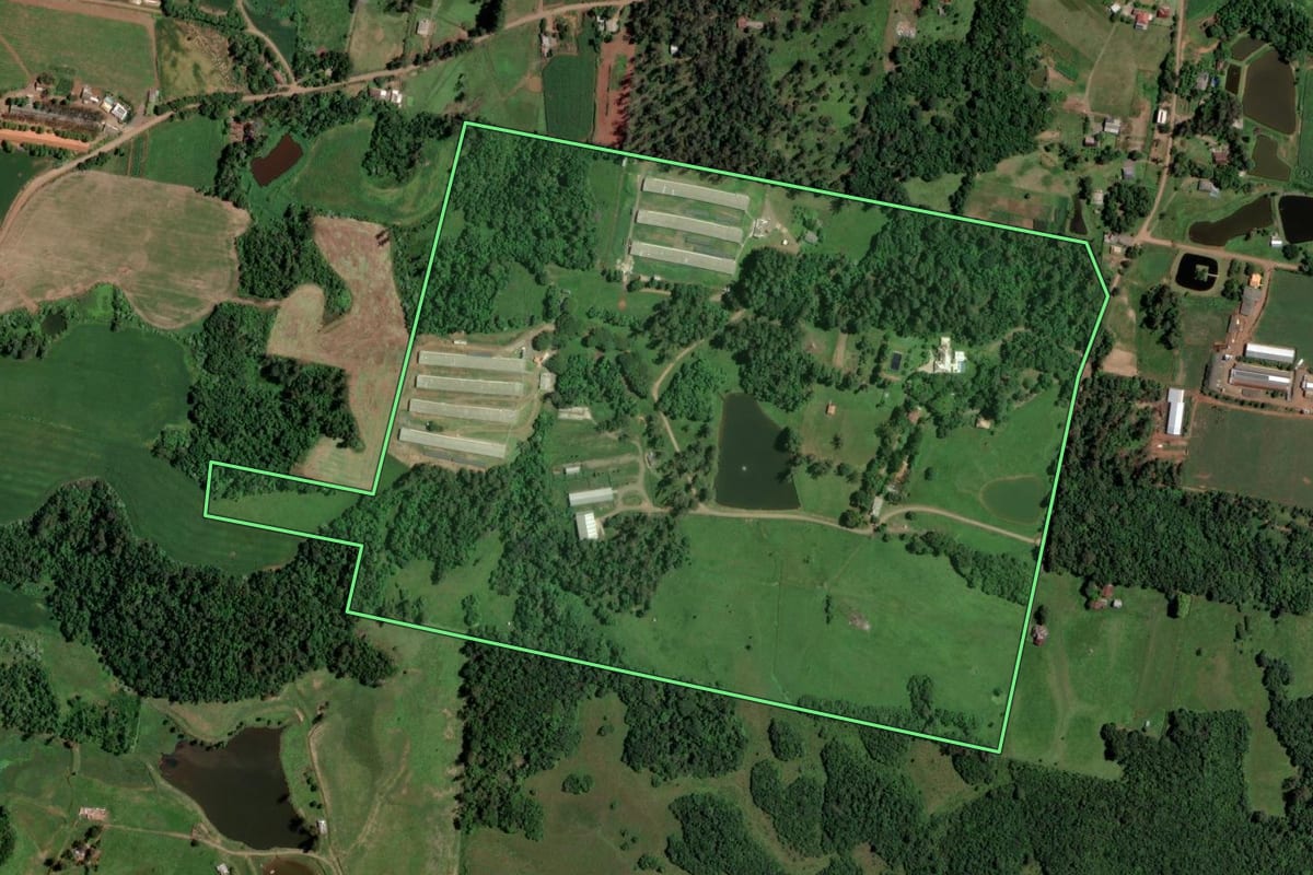 Imagem de satélite do imóvel rural em Cruzeiro do Sul (RS), com o contorno declarado no CAR desenhado por cima.