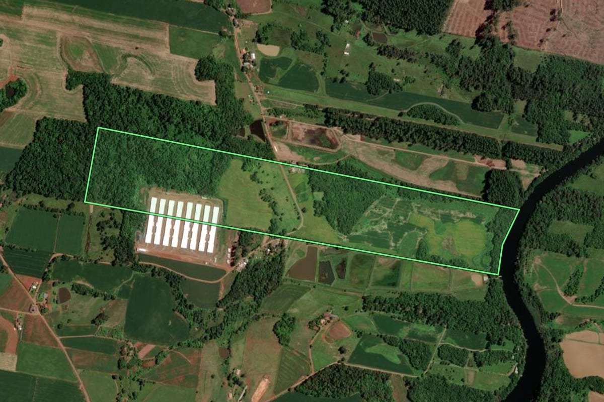 Imagem de satélite do imóvel rural em Cruzeiro do Sul (RS), com o contorno declarado no CAR desenhado por cima.