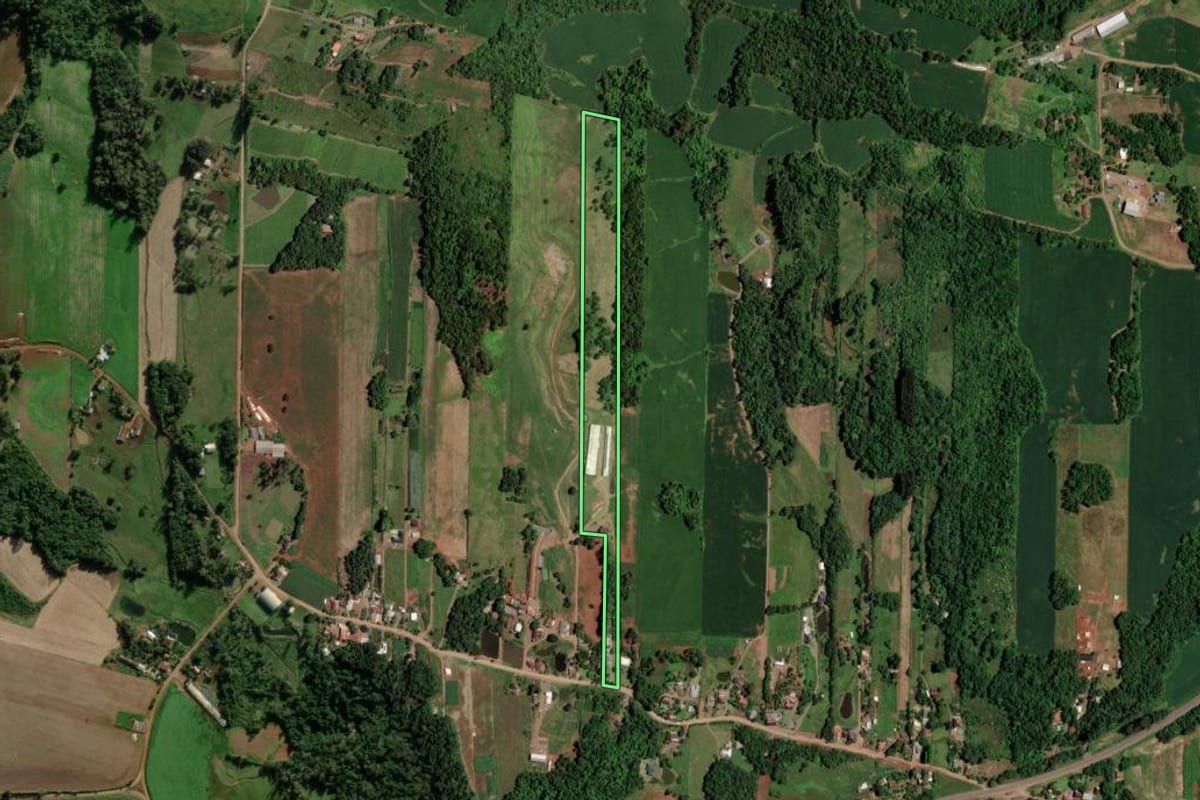 Imagem de satélite do imóvel rural em Cruzeiro do Sul (RS), com o contorno declarado no CAR desenhado por cima.