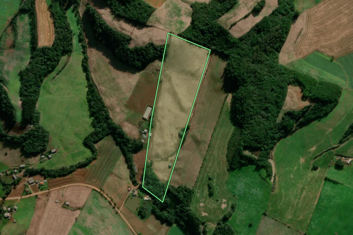Imagem de satélite do imóvel rural em David Canabarro (RS), com o contorno declarado no CAR desenhado por cima.