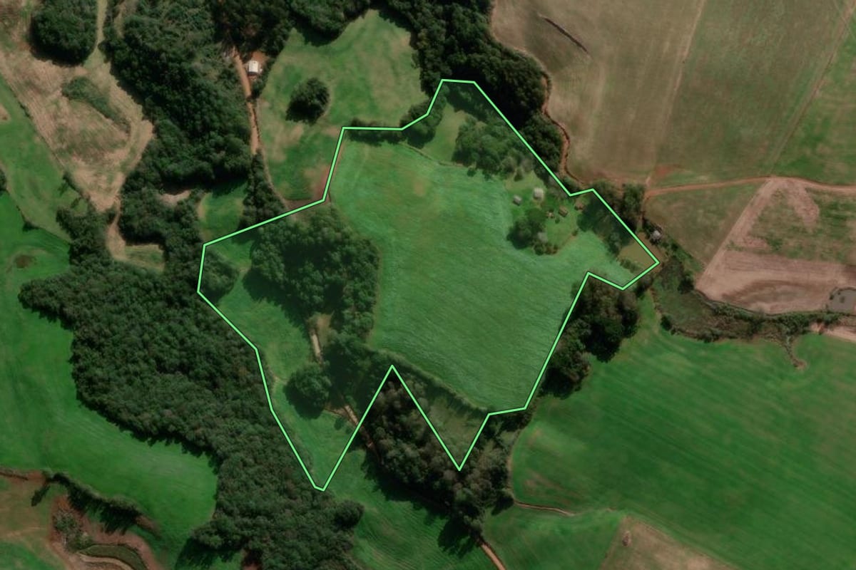Imagem de satélite do imóvel rural em David Canabarro (RS), com o contorno declarado no CAR desenhado por cima.