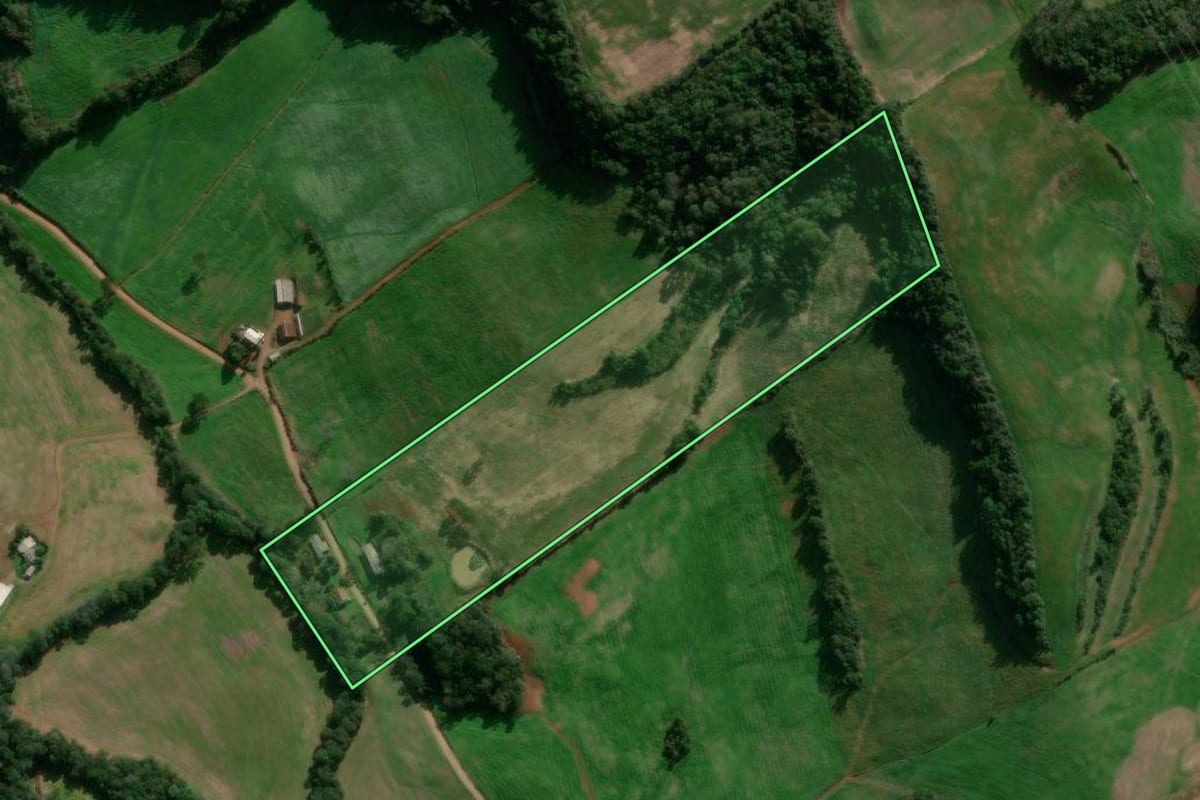 Imagem de satélite do imóvel rural em David Canabarro (RS), com o contorno declarado no CAR desenhado por cima.