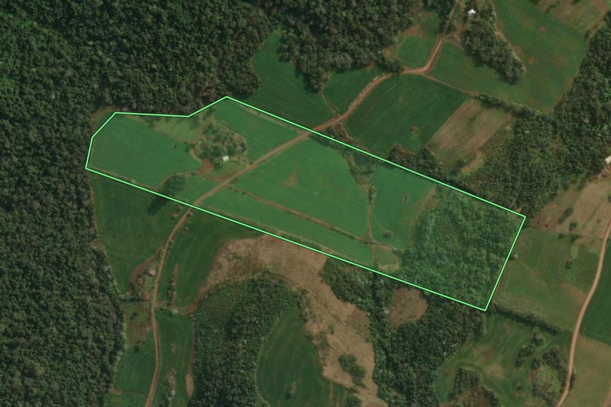 Imagem de satélite do imóvel rural em Derrubadas (RS), com o contorno declarado no CAR desenhado por cima.