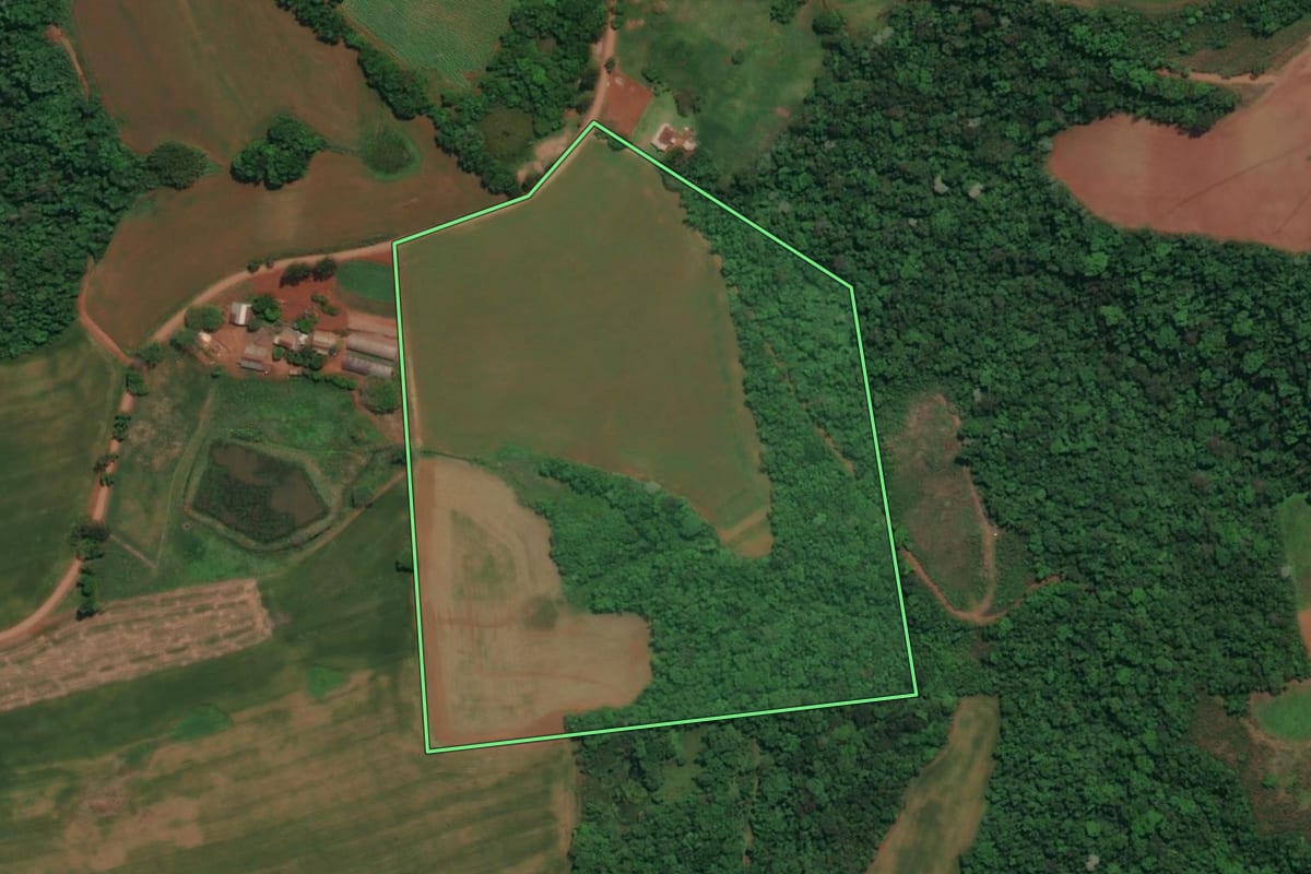 Imagem de satélite do imóvel rural em Derrubadas (RS), com o contorno declarado no CAR desenhado por cima.