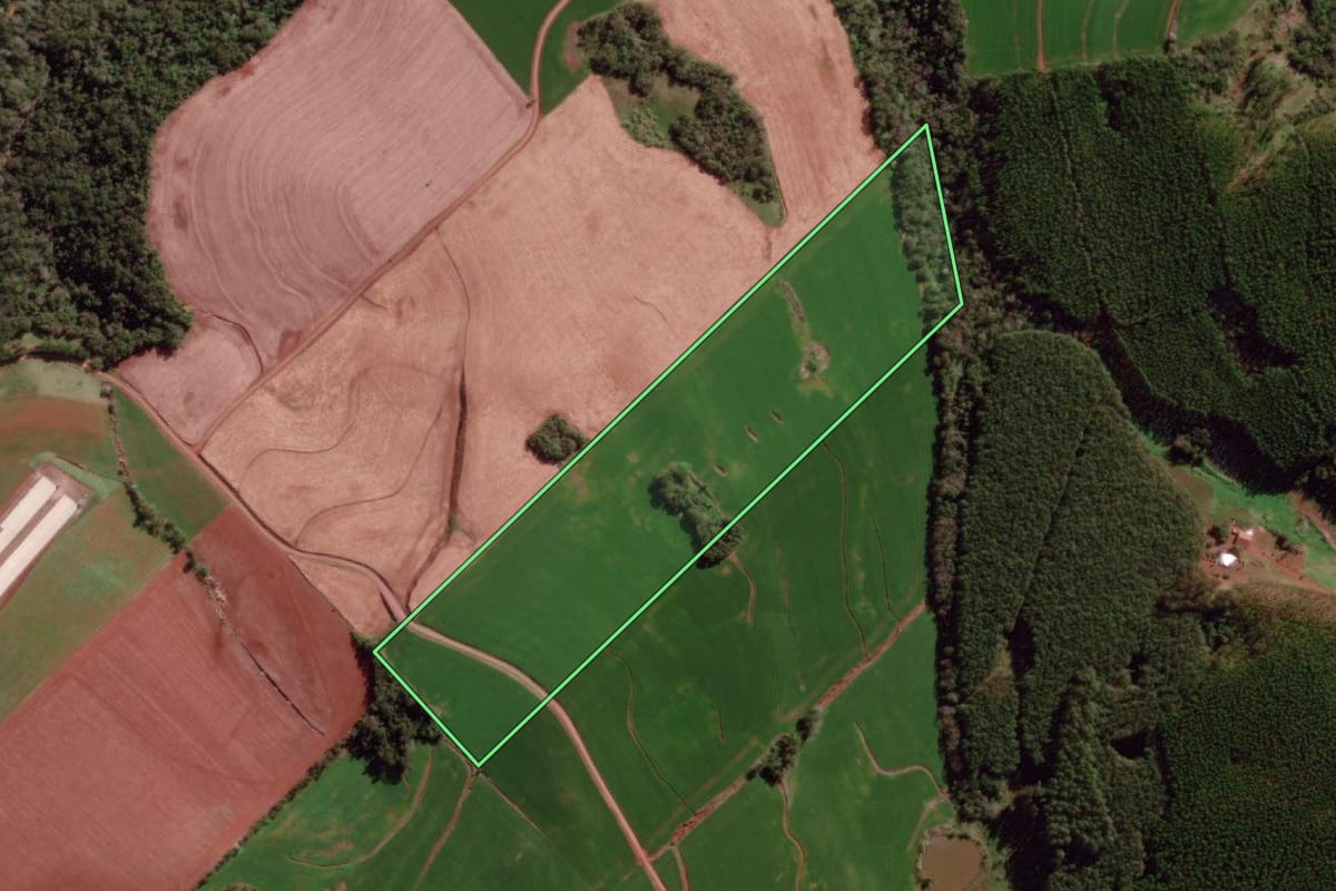 Imagem de satélite do imóvel rural em Derrubadas (RS), com o contorno declarado no CAR desenhado por cima.