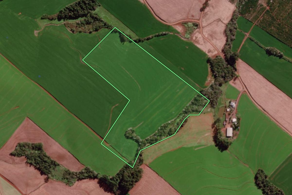 Imagem de satélite do imóvel rural em Derrubadas (RS), com o contorno declarado no CAR desenhado por cima.