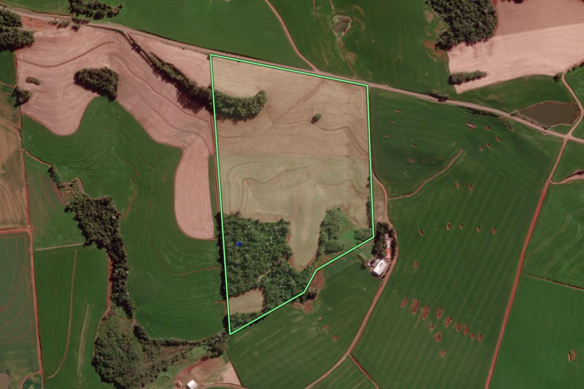 Imagem de satélite do imóvel rural em Derrubadas (RS), com o contorno declarado no CAR desenhado por cima.