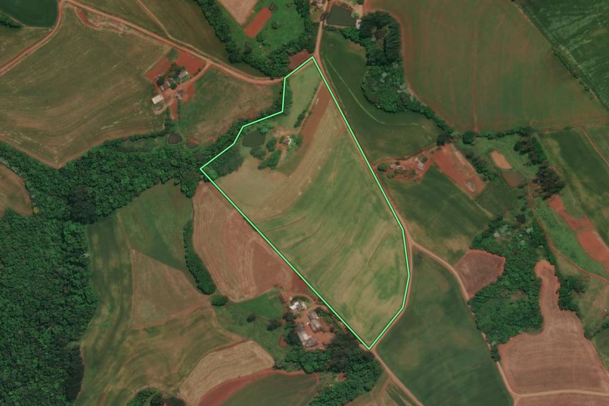 Imagem de satélite do imóvel rural em Derrubadas (RS), com o contorno declarado no CAR desenhado por cima.
