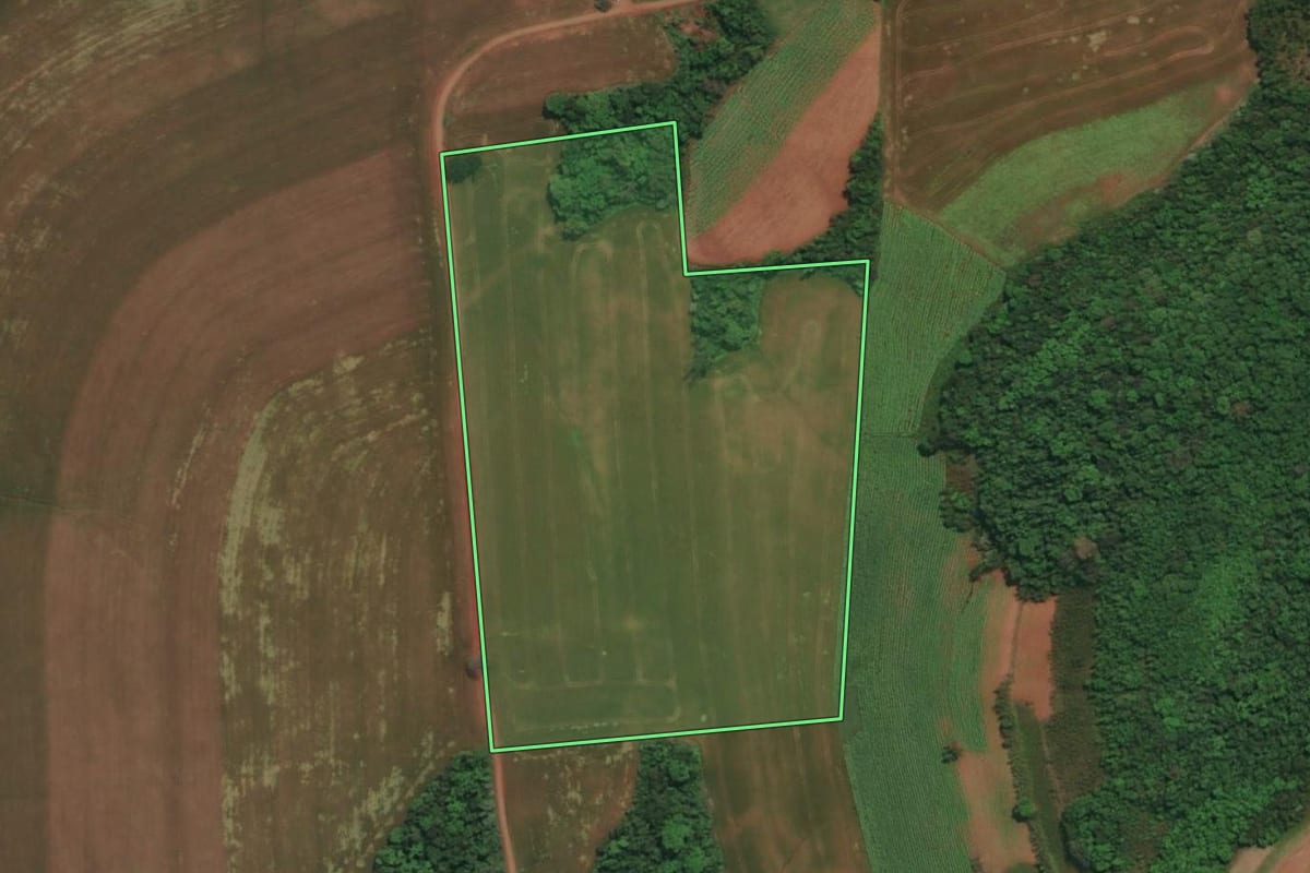 Imagem de satélite do imóvel rural em Derrubadas (RS), com o contorno declarado no CAR desenhado por cima.