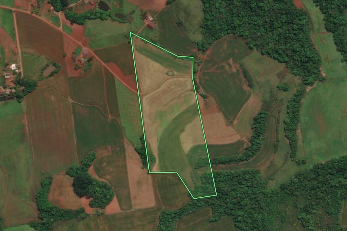 Imagem de satélite do imóvel rural em Derrubadas (RS), com o contorno declarado no CAR desenhado por cima.
