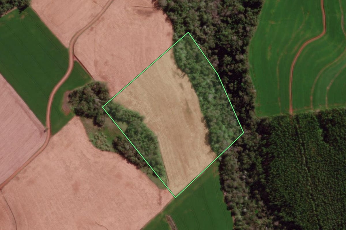 Imagem de satélite do imóvel rural em Derrubadas (RS), com o contorno declarado no CAR desenhado por cima.