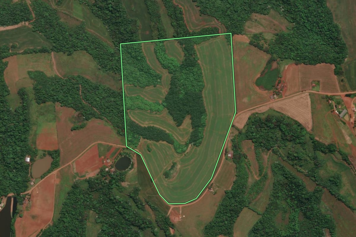 Imagem de satélite do imóvel rural em Derrubadas (RS), com o contorno declarado no CAR desenhado por cima.