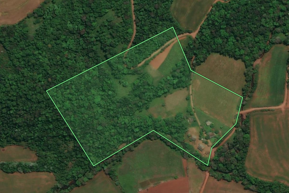 Imagem de satélite do imóvel rural em Derrubadas (RS), com o contorno declarado no CAR desenhado por cima.
