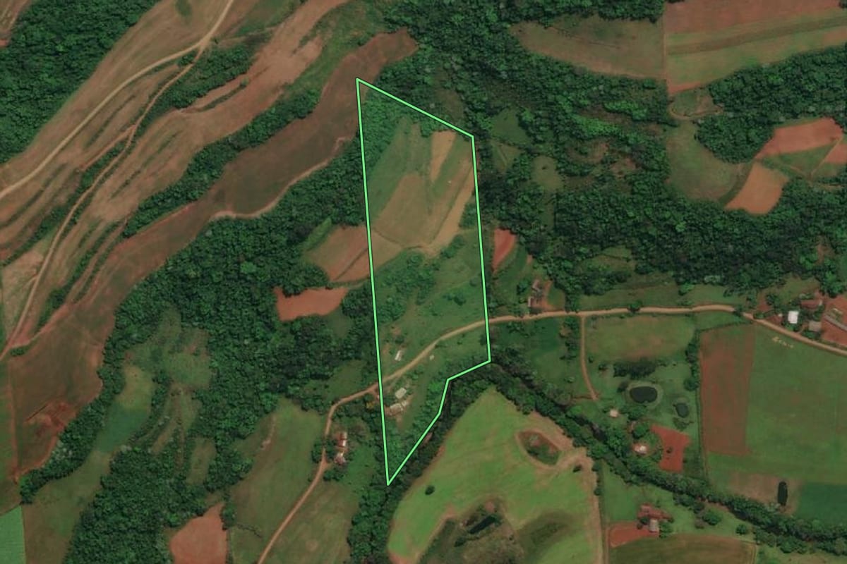 Imagem de satélite do imóvel rural em Derrubadas (RS), com o contorno declarado no CAR desenhado por cima.