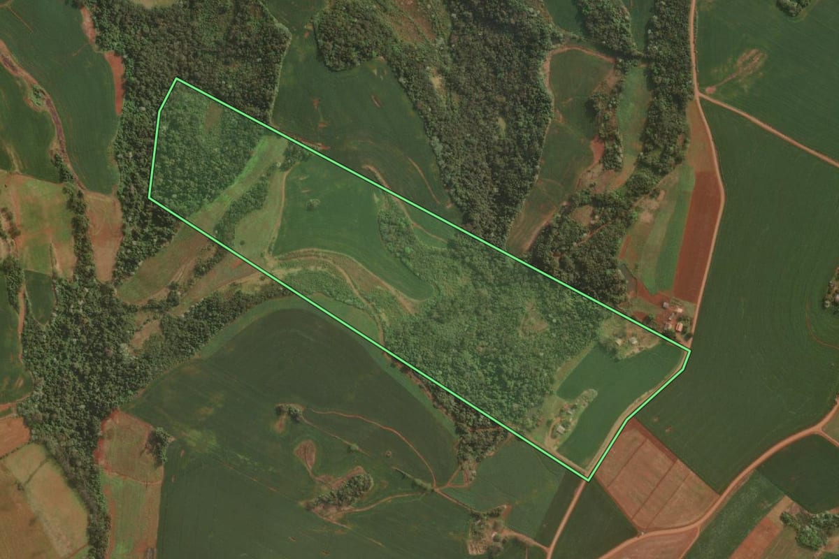 Imagem de satélite do imóvel rural em Derrubadas (RS), com o contorno declarado no CAR desenhado por cima.