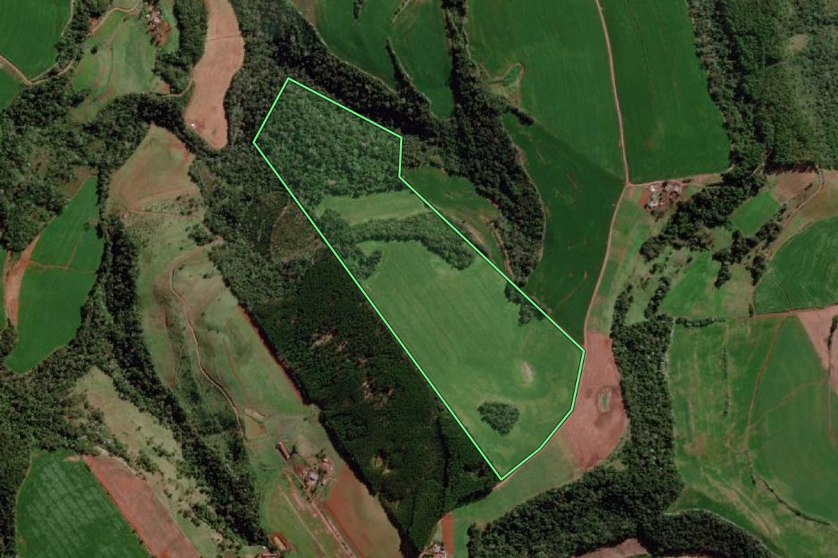 Imagem de satélite do imóvel rural em Derrubadas (RS), com o contorno declarado no CAR desenhado por cima.