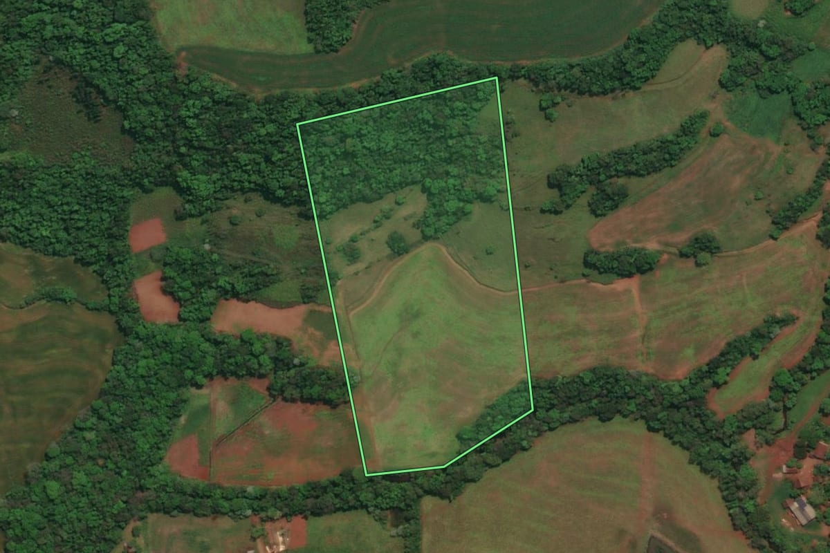 Imagem de satélite do imóvel rural em Derrubadas (RS), com o contorno declarado no CAR desenhado por cima.