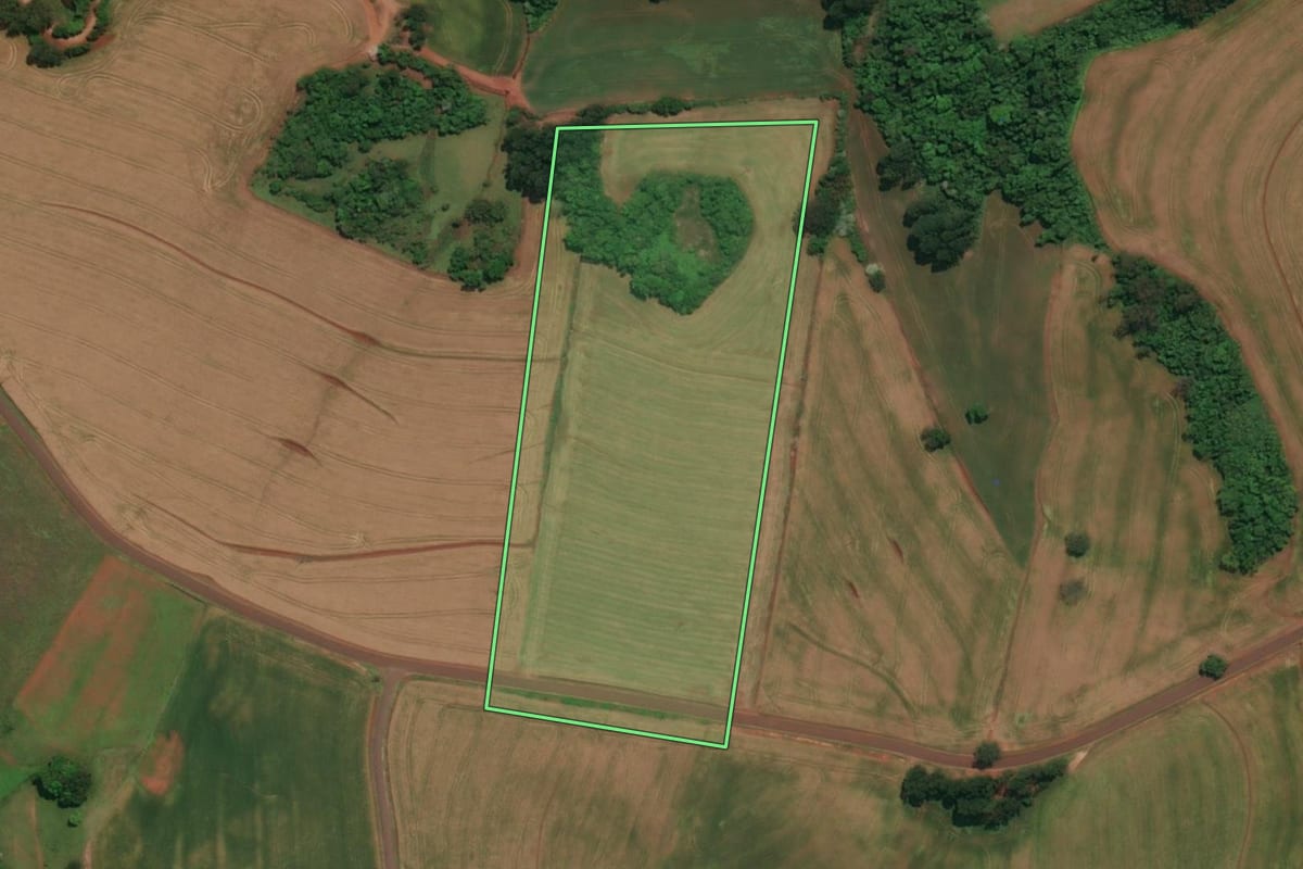 Imagem de satélite do imóvel rural em Derrubadas (RS), com o contorno declarado no CAR desenhado por cima.