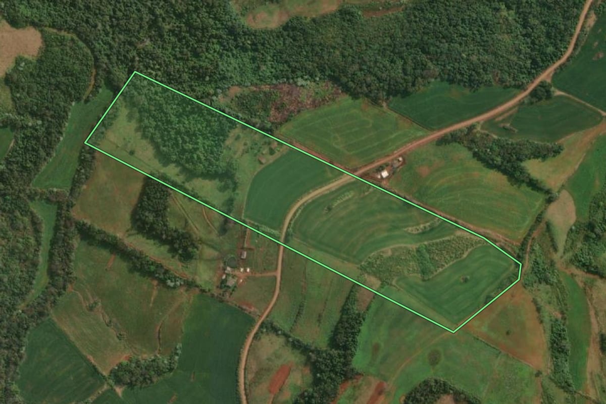 Imagem de satélite do imóvel rural em Derrubadas (RS), com o contorno declarado no CAR desenhado por cima.