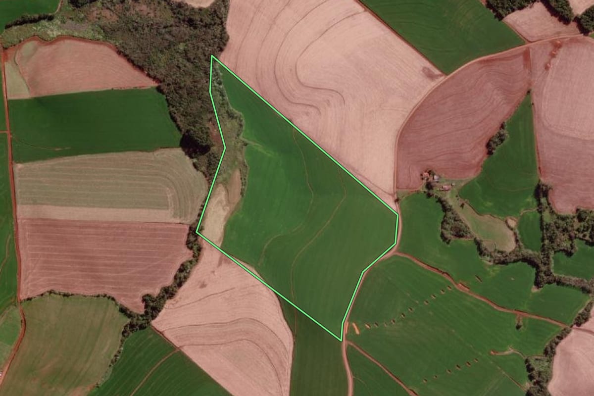 Imagem de satélite do imóvel rural em Derrubadas (RS), com o contorno declarado no CAR desenhado por cima.
