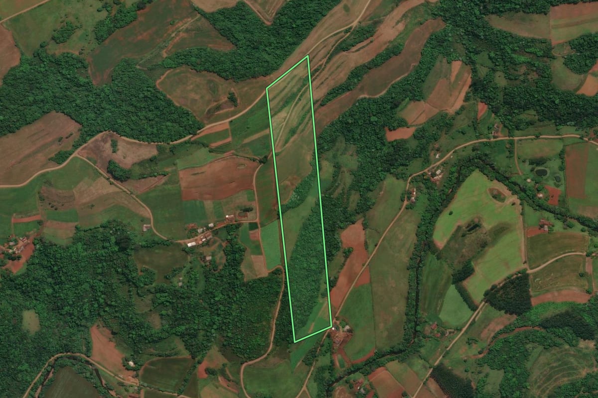 Imagem de satélite do imóvel rural em Derrubadas (RS), com o contorno declarado no CAR desenhado por cima.