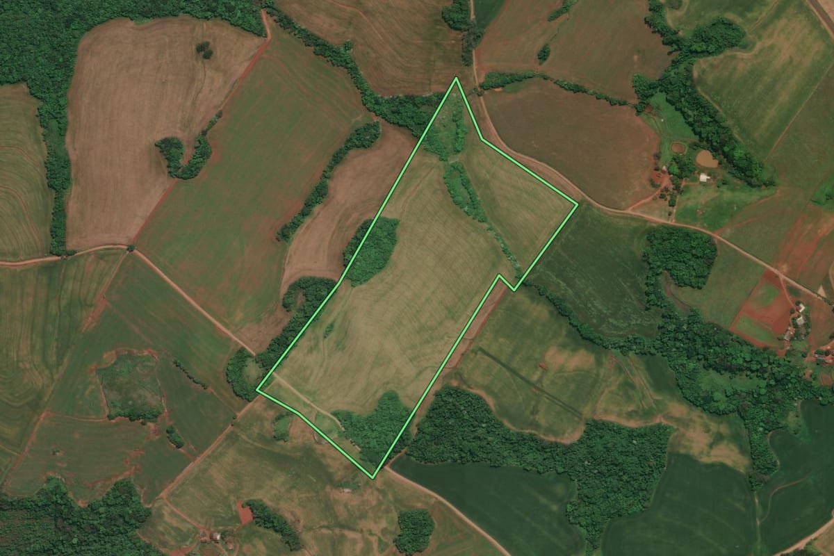 Imagem de satélite do imóvel rural em Derrubadas (RS), com o contorno declarado no CAR desenhado por cima.