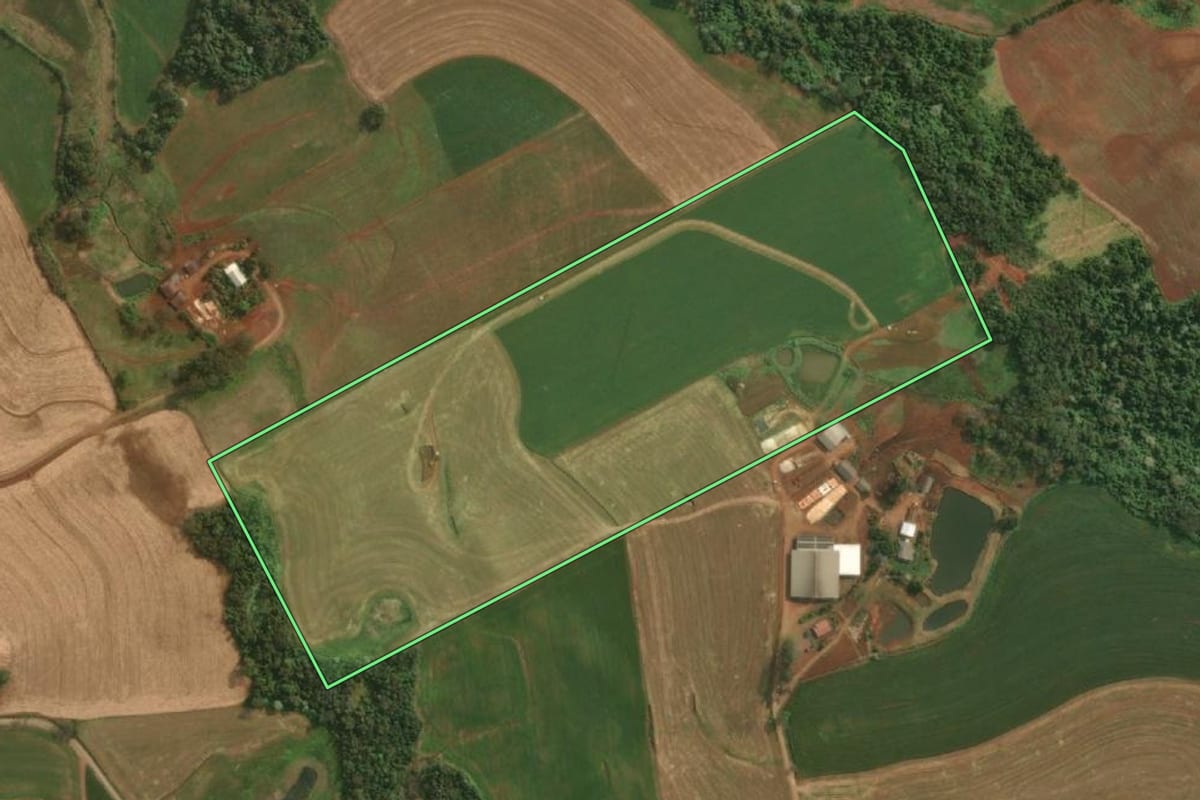Imagem de satélite do imóvel rural em Derrubadas (RS), com o contorno declarado no CAR desenhado por cima.