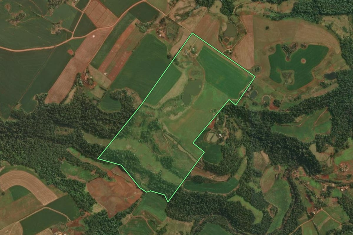 Imagem de satélite do imóvel rural em Derrubadas (RS), com o contorno declarado no CAR desenhado por cima.