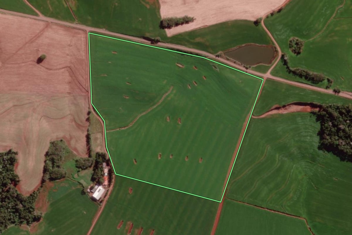 Imagem de satélite do imóvel rural em Derrubadas (RS), com o contorno declarado no CAR desenhado por cima.
