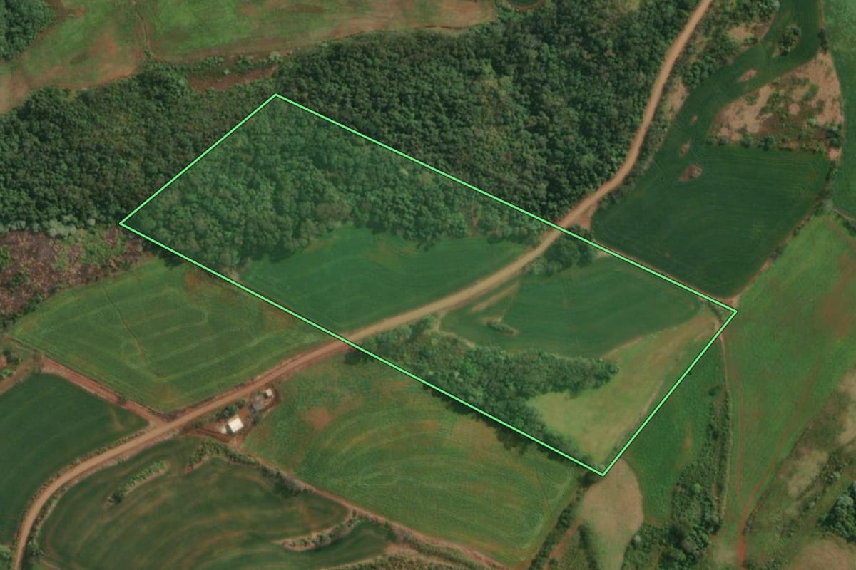 Imagem de satélite do imóvel rural em Derrubadas (RS), com o contorno declarado no CAR desenhado por cima.