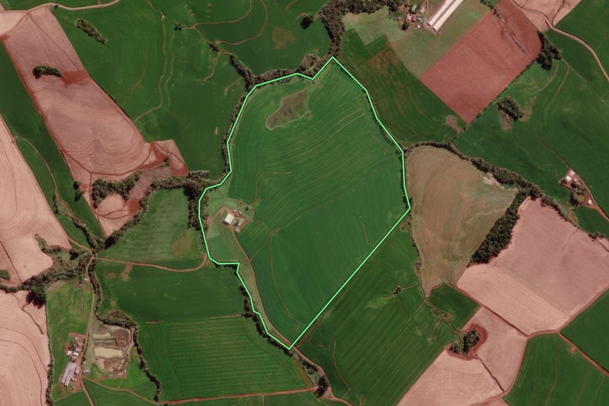 Imagem de satélite do imóvel rural em Derrubadas (RS), com o contorno declarado no CAR desenhado por cima.