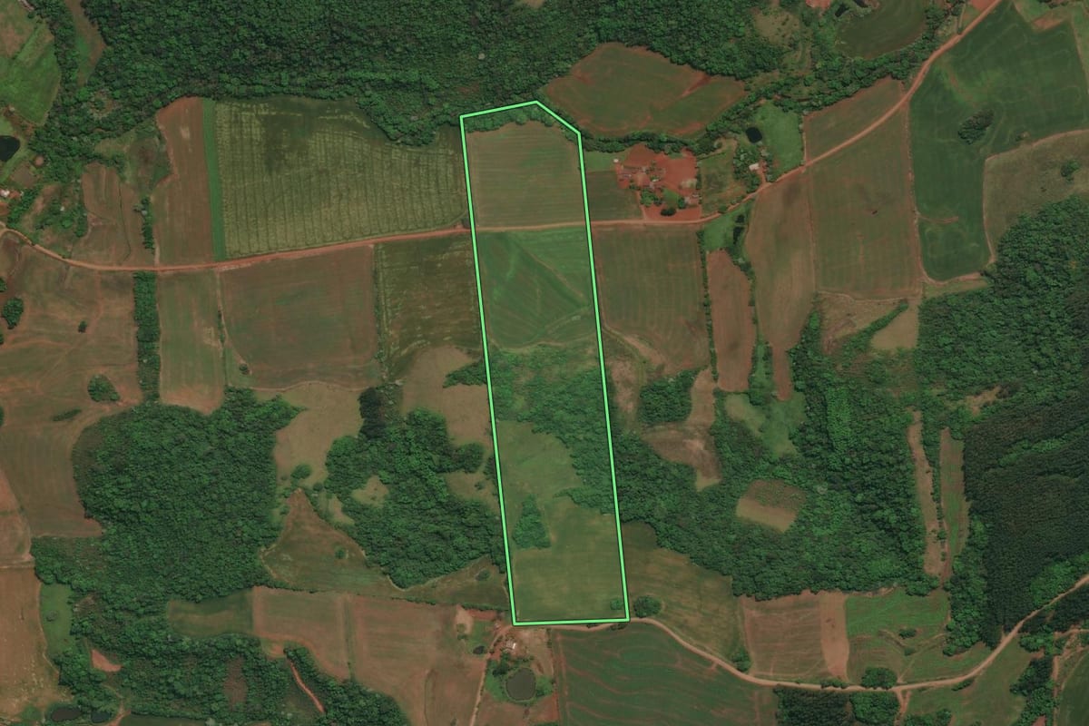 Imagem de satélite do imóvel rural em Derrubadas (RS), com o contorno declarado no CAR desenhado por cima.