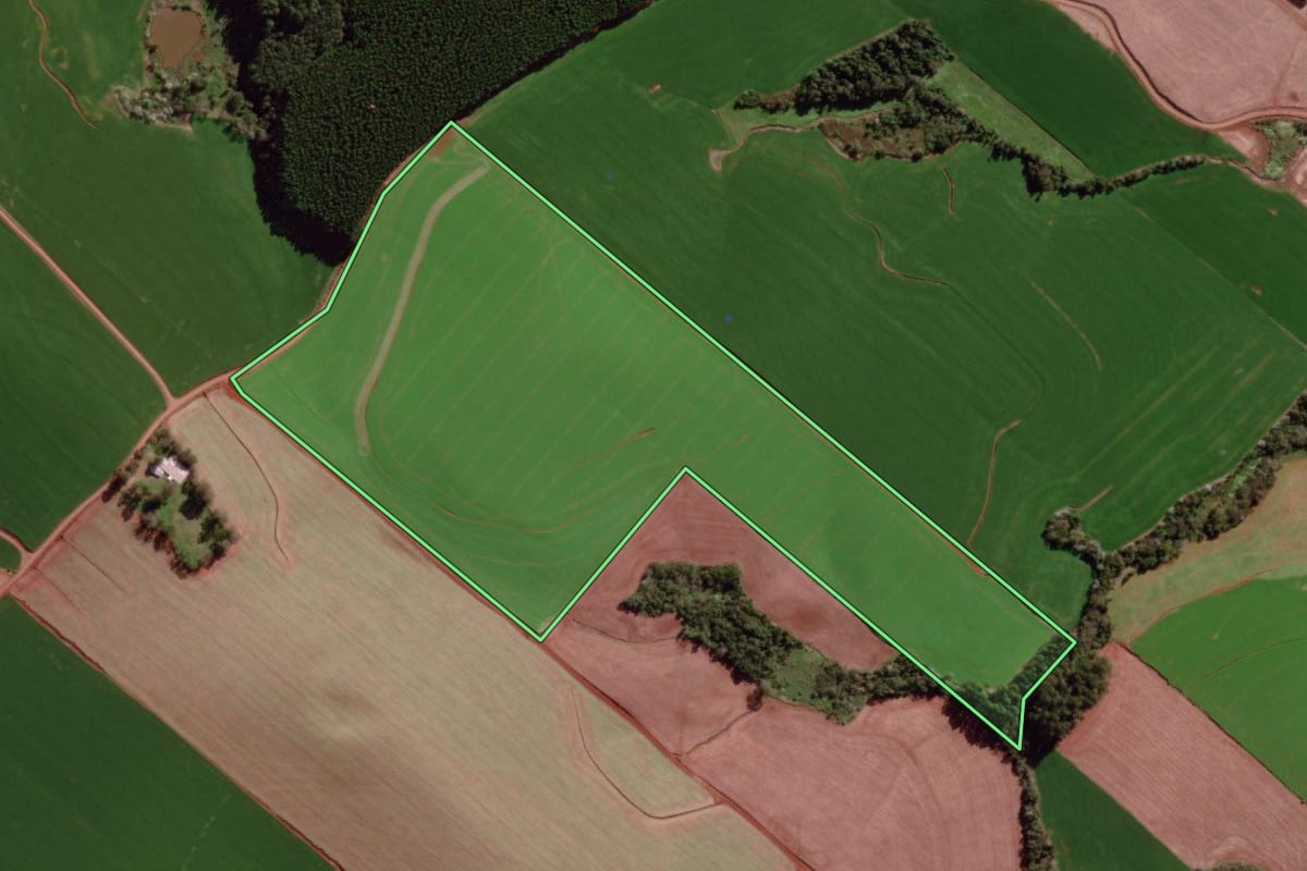 Imagem de satélite do imóvel rural em Derrubadas (RS), com o contorno declarado no CAR desenhado por cima.